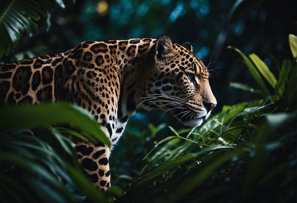 A jaguar prowls through a dense jungle, its powerful muscles rippling as it navigates the tangled undergrowth. The moonlight casts a mysterious glow on its sleek fur as it stalks its prey