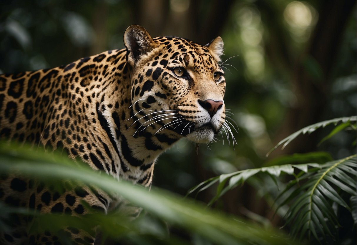 A jaguar prowls through a dense jungle, its golden coat blending with the dappled sunlight filtering through the trees. The air is heavy with the sounds of the rainforest, and the jaguar's piercing gaze seems to warn of danger lurking