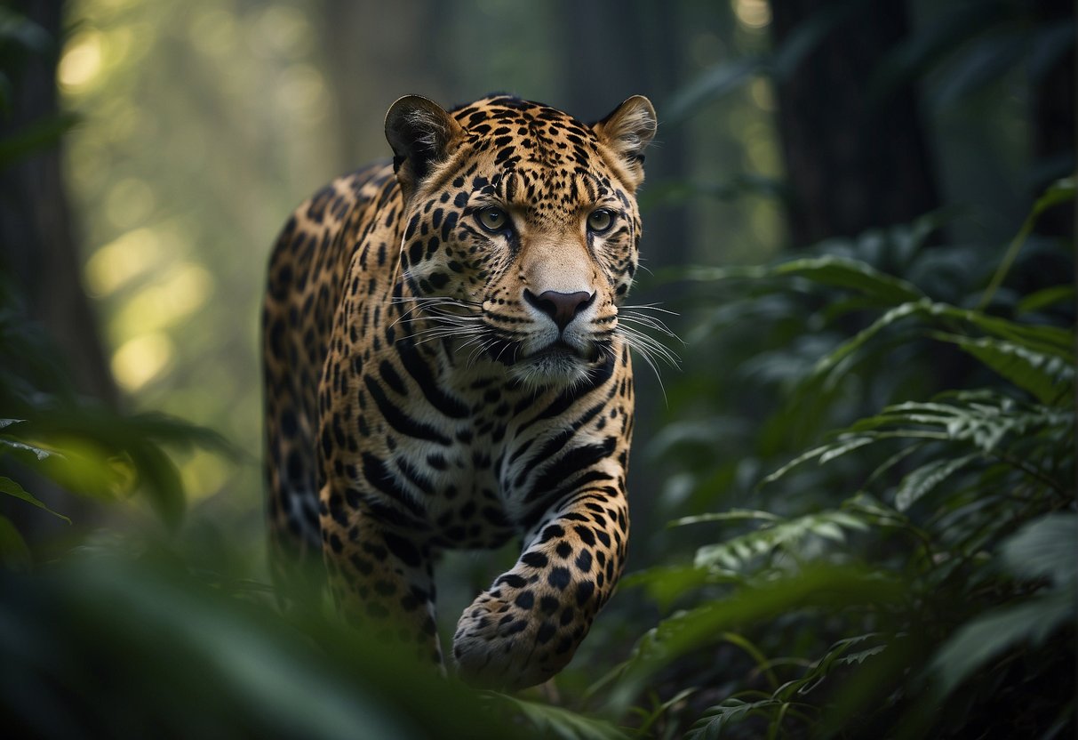 A sleek, powerful jaguar prowls through a dense, misty jungle, its golden fur glistening in the dappled sunlight. Its piercing green eyes are focused and intense, exuding an aura of strength and grace