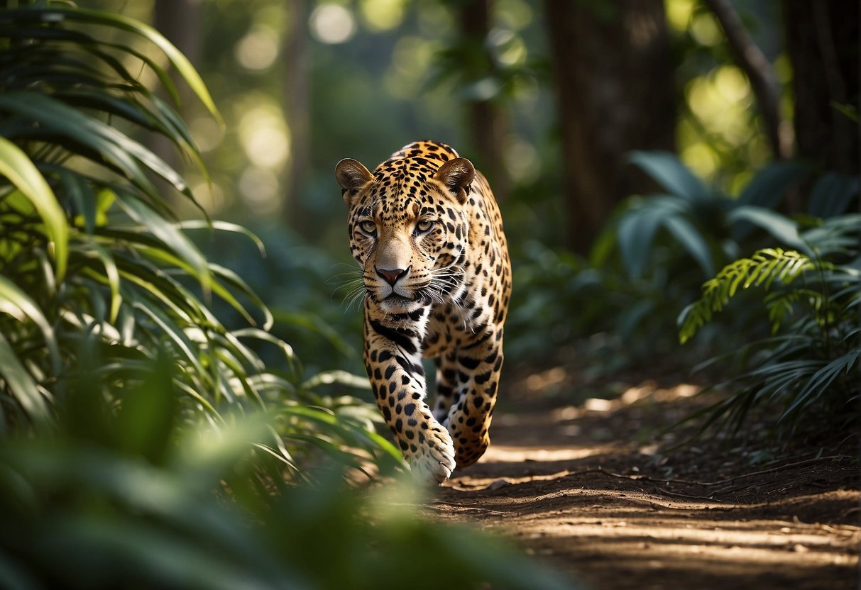 A sleek jaguar prowls through a dense jungle, its golden coat glistening in the dappled sunlight as it moves with confident grace