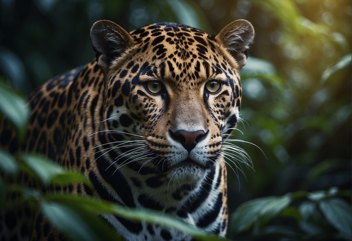 In the moonlit jungle, a sleek jaguar prowls, its eyes gleaming with wild intensity, surrounded by lush foliage and the distant sound of rushing water