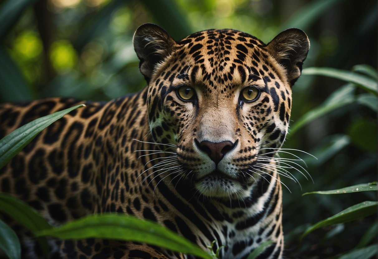 A sleek jaguar prowls through a lush jungle, its golden eyes gleaming with confidence and power. The surrounding foliage echoes its strength and determination
