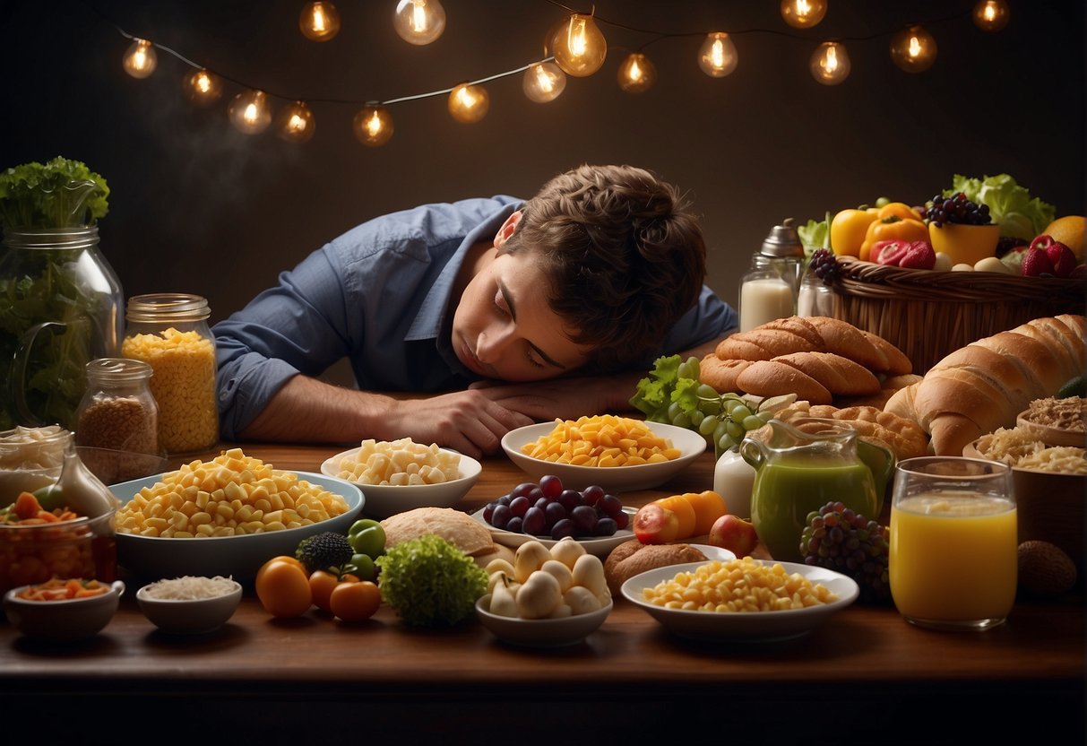 A table with various food items, a person sleeping with a thought bubble filled with different types of food, and a question mark hovering above their head