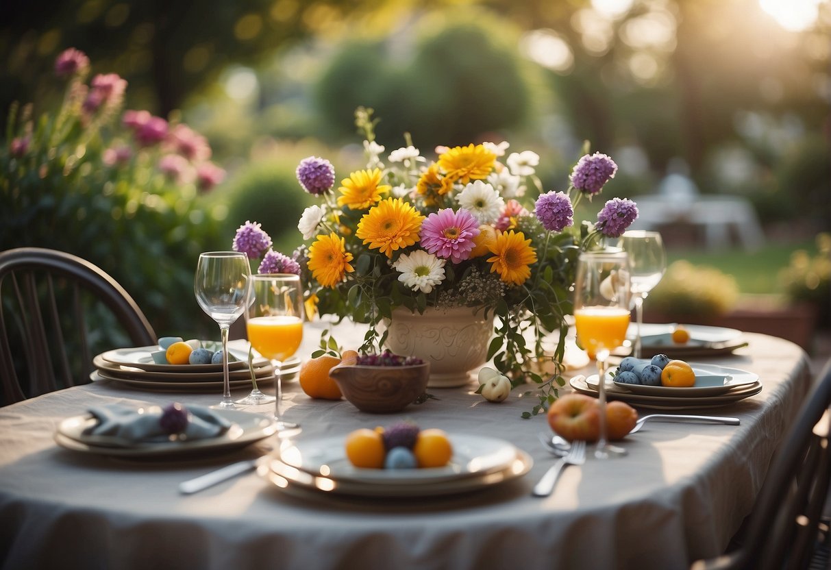A serene garden with a table set for a feast, surrounded by vibrant flowers and a gentle breeze, evoking a sense of spiritual nourishment and emotional fulfillment