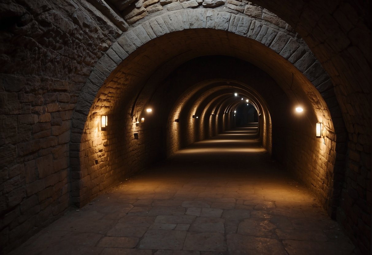 A dimly lit underground tunnel with ancient symbols and artifacts lining the walls, evoking a sense of mystery and history