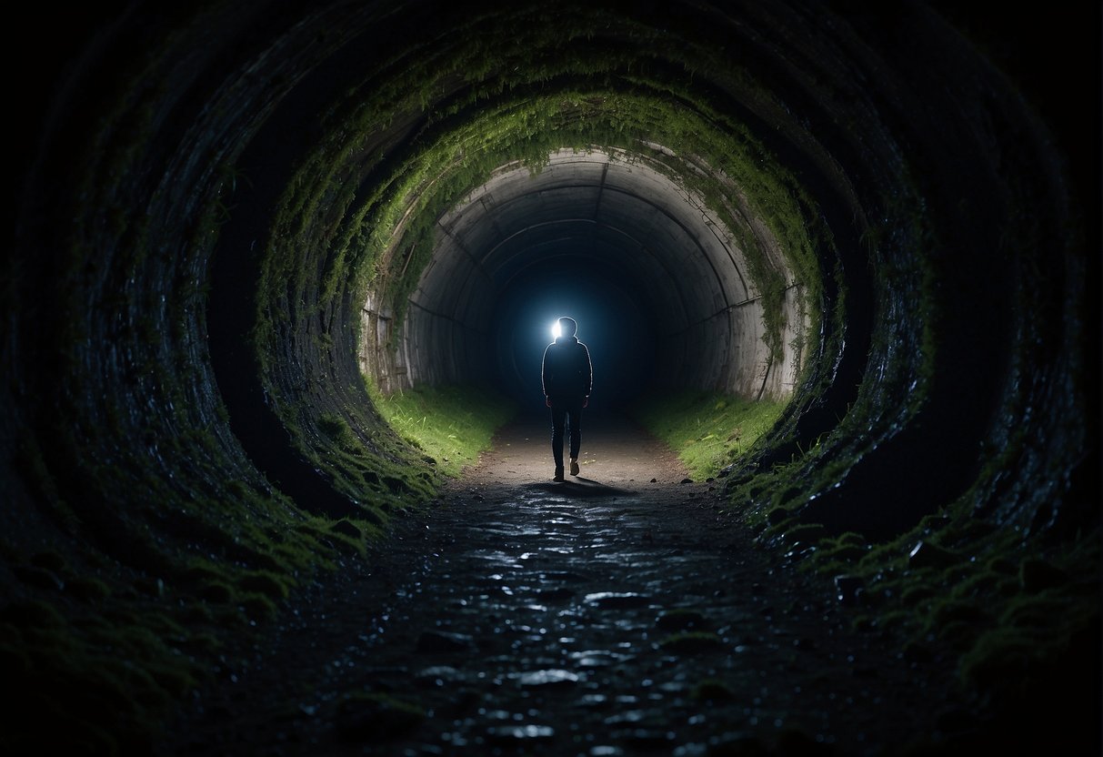 A figure stands at the entrance of a dark, narrow tunnel, with a mix of fear and curiosity on their face. The tunnel stretches deep into the unknown, evoking a sense of mystery and unease