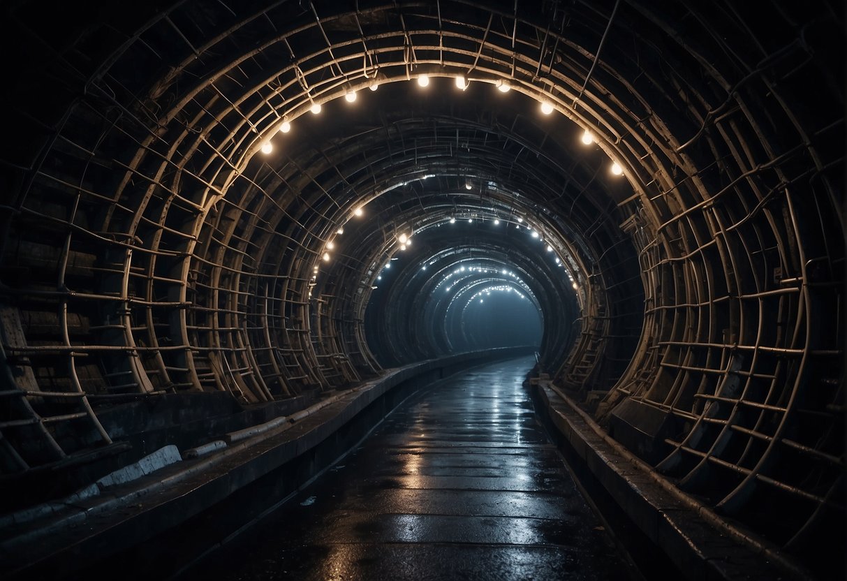 A network of dark, twisting tunnels stretches out beneath the city, with dimly lit passageways disappearing into the unknown