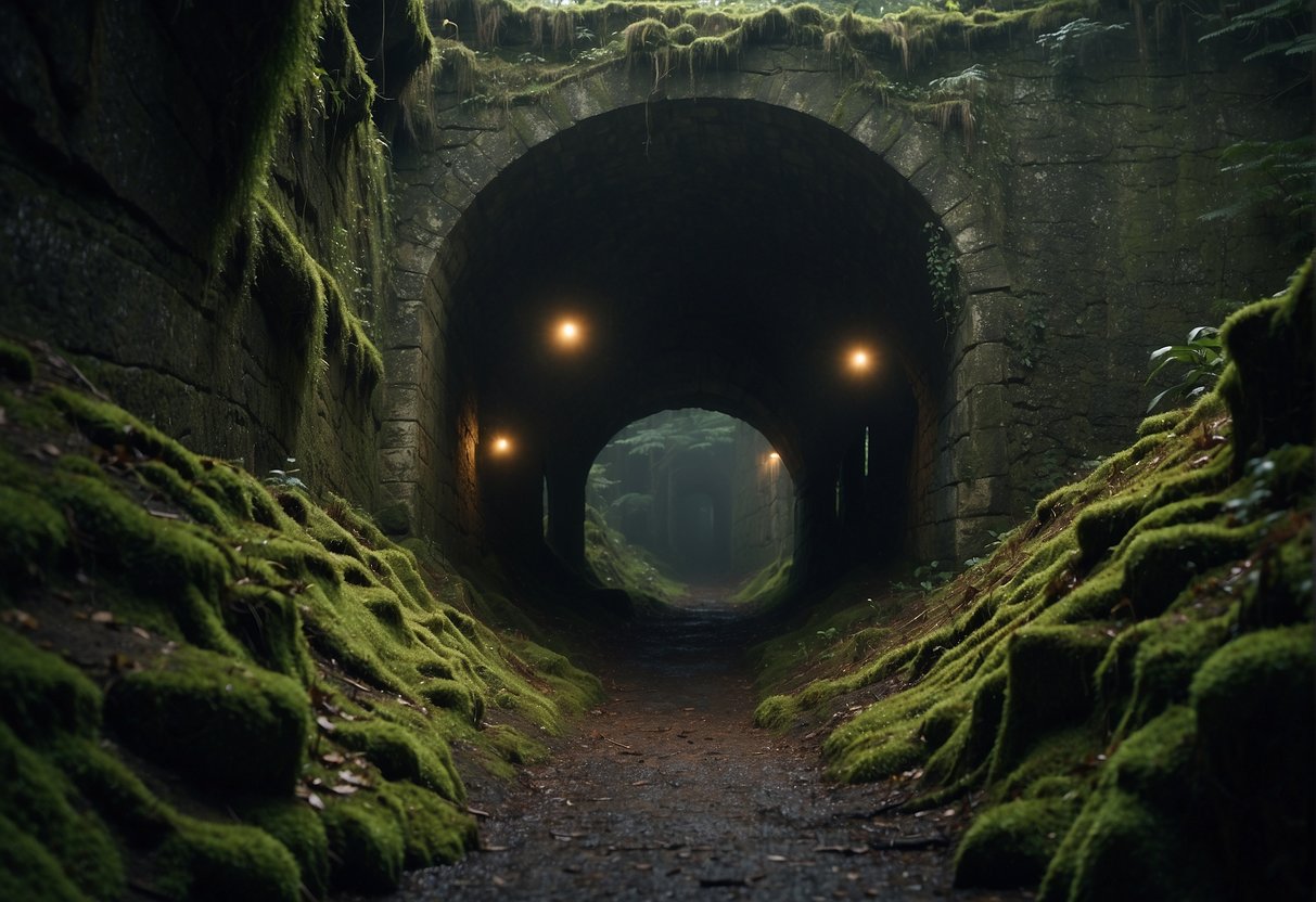 A dimly lit tunnel twists and turns, with roots and debris scattered on the ground. The walls are damp and covered in moss, creating an eerie and mysterious atmosphere