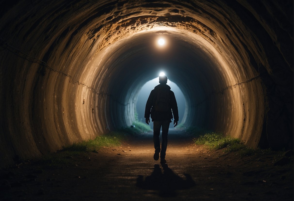 A dimly lit underground tunnel with a figure walking towards the light at the end, surrounded by walls of earth and stone