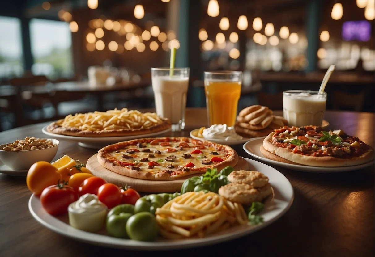 Why Do I Dream About Food: Understanding the Possible Reasons 4 A table surrounded by floating food items: pizza, burgers, and ice cream. A thought bubble with question marks hovers above
