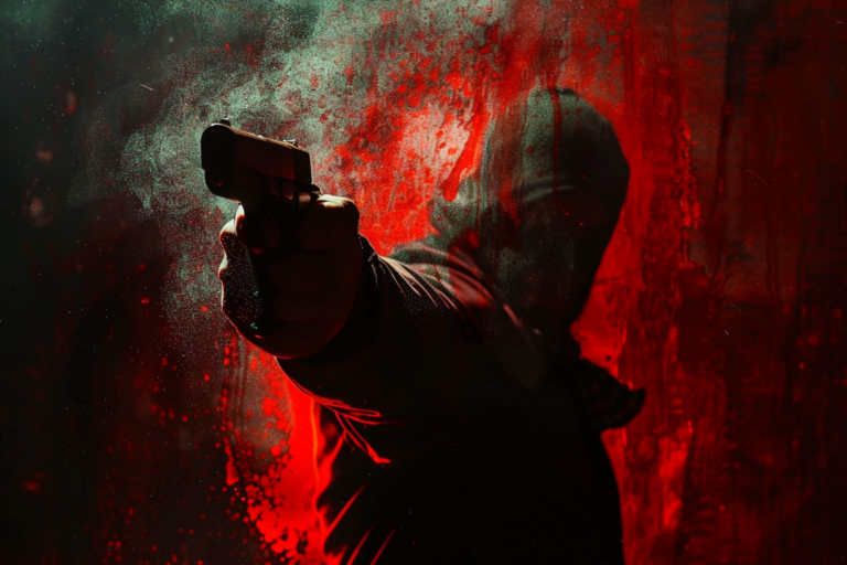 Dreaming About Killing Someone: Meanings And Interpretations 10 A silhouette of a person in a hood aiming a gun, against a dramatic red and black splattered background, evoking themes related to dream interpretation.
